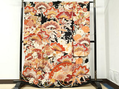 平和屋本店●アンティーク　大正ロマン　振袖　駒刺繍　檜扇吉祥松竹梅花文　黒地　金彩　正絹　逸品　CABG0576yc