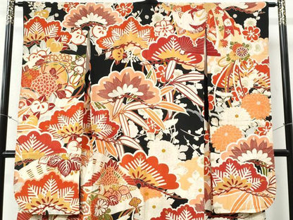 平和屋本店●アンティーク　大正ロマン　振袖　駒刺繍　檜扇吉祥松竹梅花文　黒地　金彩　正絹　逸品　CABG0576yc