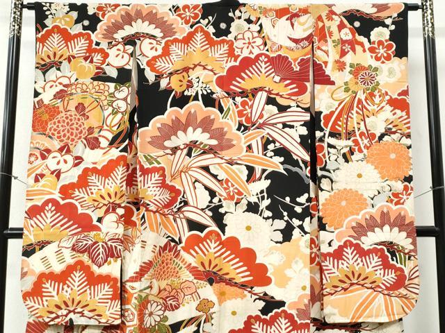 平和屋本店●アンティーク　大正ロマン　振袖　駒刺繍　檜扇吉祥松竹梅花文　黒地　金彩　正絹　逸品　CABG0576yc