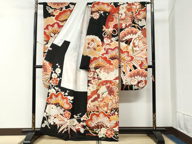 平和屋本店●アンティーク　大正ロマン　振袖　駒刺繍　檜扇吉祥松竹梅花文　黒地　金彩　正絹　逸品　CABG0576yc