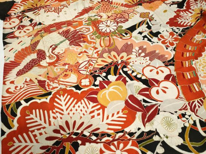 平和屋本店●アンティーク　大正ロマン　振袖　駒刺繍　檜扇吉祥松竹梅花文　黒地　金彩　正絹　逸品　CABG0576yc