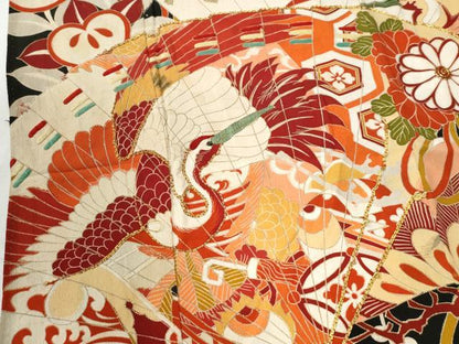 平和屋本店●アンティーク　大正ロマン　振袖　駒刺繍　檜扇吉祥松竹梅花文　黒地　金彩　正絹　逸品　CABG0576yc