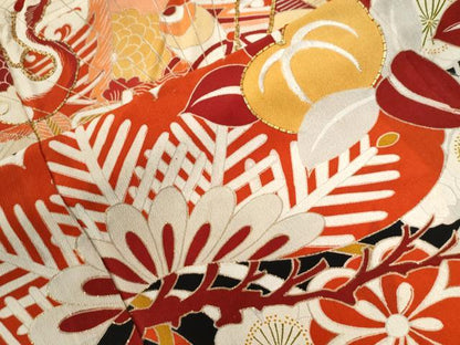 平和屋本店●アンティーク　大正ロマン　振袖　駒刺繍　檜扇吉祥松竹梅花文　黒地　金彩　正絹　逸品　CABG0576yc