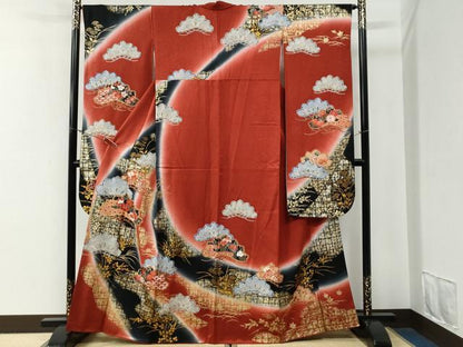 平和屋着物●豪華振袖　駒刺繍　花唐草松吉祥文　暈し染め　金彩　正絹　逸品　CABG0578yc