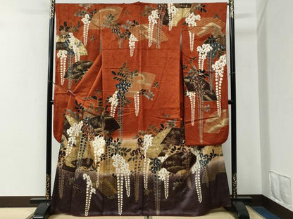 平和屋着物●豪華振袖　駒刺繍　地紙藤花房　暈し染め　金彩　正絹　逸品　CABG0580yc