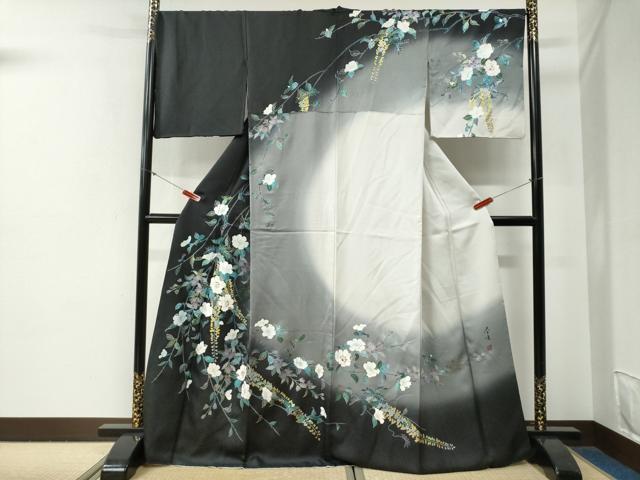 平和屋着物●螺鈿作家　甲斐泰造　訪問着　枝花文　暈し染め　黒地　銀通し地　正絹　逸品　CABG0583yc