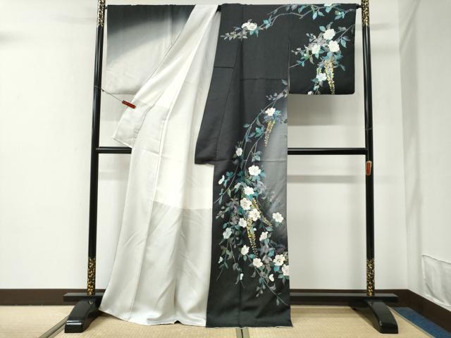 平和屋着物●螺鈿作家　甲斐泰造　訪問着　枝花文　暈し染め　黒地　銀通し地　正絹　逸品　CABG0583yc