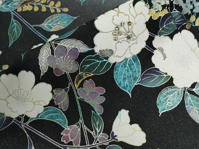 平和屋着物●螺鈿作家　甲斐泰造　訪問着　枝花文　暈し染め　黒地　銀通し地　正絹　逸品　CABG0583yc