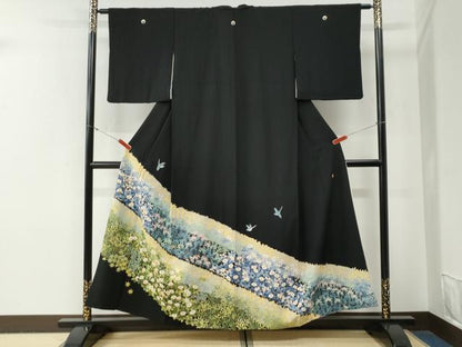 平和屋着物●豪華黒留袖　友禅　作家物　尾長鳥草花文　暈し染め　正絹　逸品　CABG0585yc