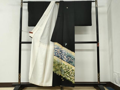平和屋着物●豪華黒留袖　友禅　作家物　尾長鳥草花文　暈し染め　正絹　逸品　CABG0585yc