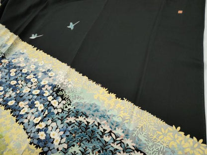 平和屋着物●豪華黒留袖　友禅　作家物　尾長鳥草花文　暈し染め　正絹　逸品　CABG0585yc