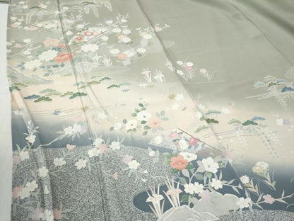 平和屋着物●訪問着　流水扇面草花文　暈し染め　正絹　逸品　CABG0587yc
