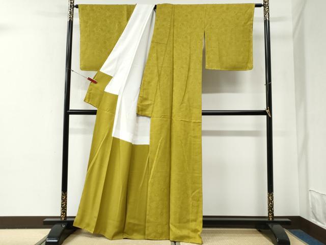 平和屋着物●上質な色無地　菊尽くし地紋　菜種油色　正絹　逸品　未使用　CABG0591yc
