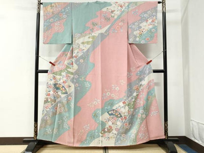 平和屋着物●訪問着　作家物　駒刺繍　絞り　扇面舞桜花文　金彩　正絹　逸品　CABG0595yc