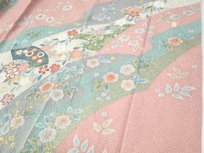 平和屋着物●訪問着　作家物　駒刺繍　絞り　扇面舞桜花文　金彩　正絹　逸品　CABG0595yc