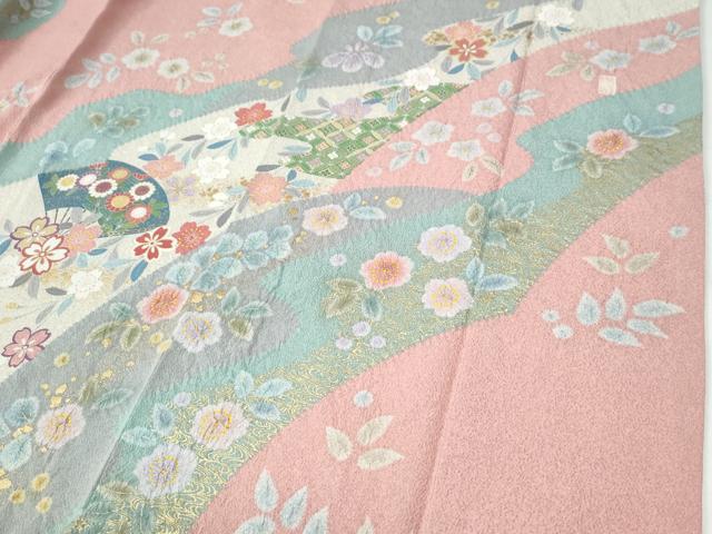 平和屋着物●訪問着　作家物　駒刺繍　絞り　扇面舞桜花文　金彩　正絹　逸品　CABG0595yc