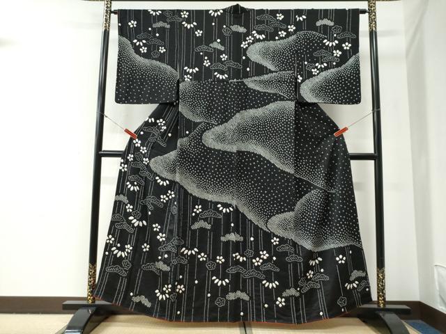 平和屋着物●訪問着　総絞り　松竹梅　黒地　正絹　逸品　CABG0599yc