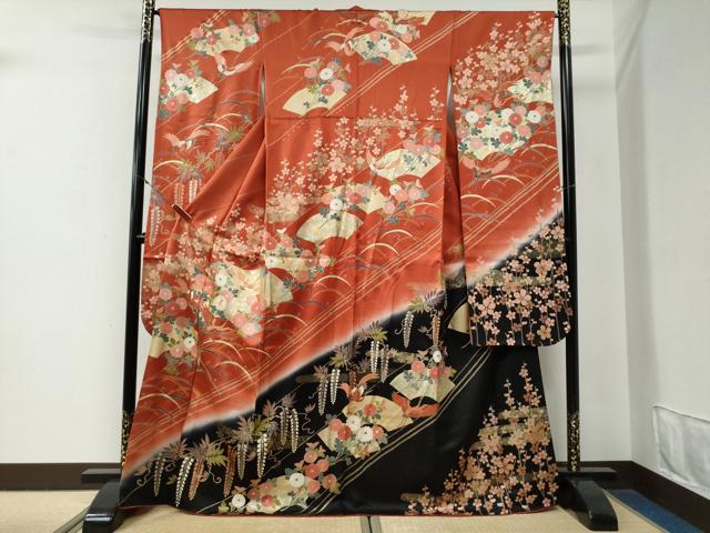 平和屋着物●豪華振袖　駒刺繍　飛鶴地紙草花文　暈し染め　金彩　正絹　逸品　CABG0601yc