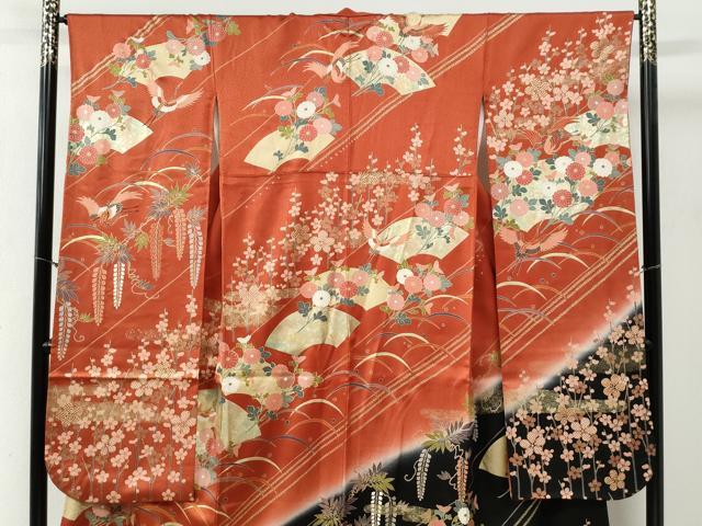 平和屋着物●豪華振袖　駒刺繍　飛鶴地紙草花文　暈し染め　金彩　正絹　逸品　CABG0601yc