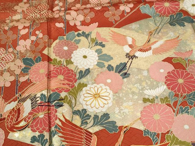 平和屋着物●豪華振袖　駒刺繍　飛鶴地紙草花文　暈し染め　金彩　正絹　逸品　CABG0601yc