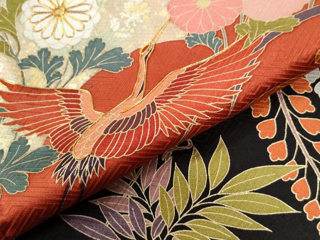 平和屋着物●豪華振袖　駒刺繍　飛鶴地紙草花文　暈し染め　金彩　正絹　逸品　CABG0601yc