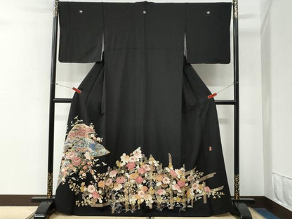 平和屋着物●豪華黒留袖　友禅　作家物　竹垣草花文　正絹　逸品　CABG0609yc