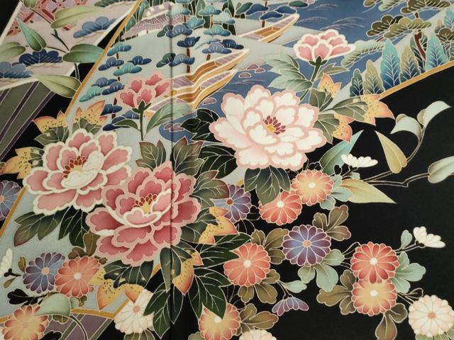 平和屋着物●豪華黒留袖　友禅　作家物　竹垣草花文　正絹　逸品　CABG0609yc