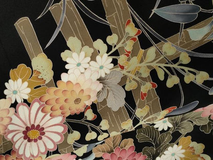 平和屋着物●豪華黒留袖　友禅　作家物　竹垣草花文　正絹　逸品　CABG0609yc
