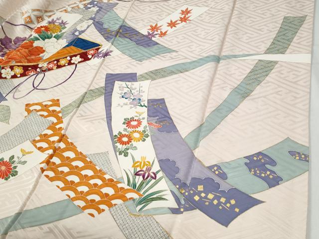 平和屋着物●豪華振袖　駒刺繍　短冊牡丹吉祥草花文　金彩　正絹　逸品　CABG0617yc