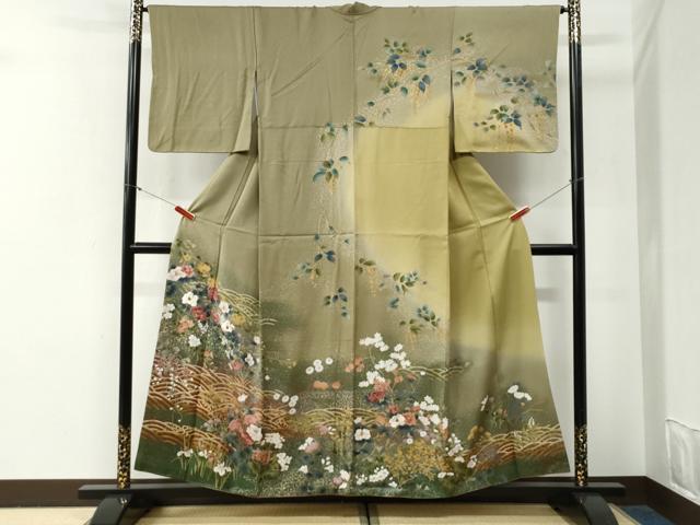 平和屋着物●訪問着　刺繍　立波椿花文　暈し染め　金彩　正絹　逸品　CABG0631yc