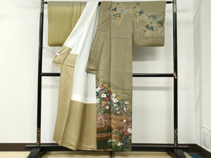平和屋着物●訪問着　刺繍　立波椿花文　暈し染め　金彩　正絹　逸品　CABG0631yc