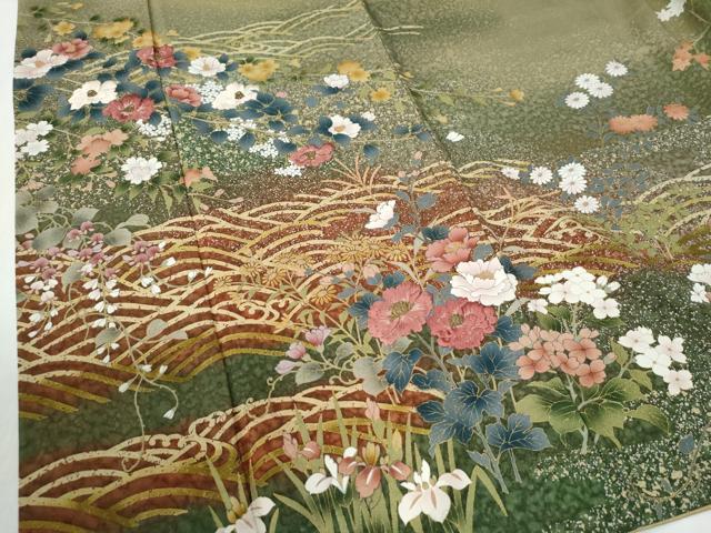 平和屋着物●訪問着　刺繍　立波椿花文　暈し染め　金彩　正絹　逸品　CABG0631yc