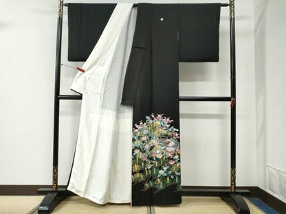 平和屋着物●豪華黒留袖　友禅　作家物　枝松葉風景花文　正絹　逸品　CABG0632yc