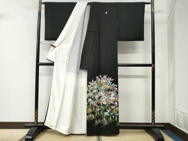 平和屋着物●豪華黒留袖　友禅　作家物　枝松葉風景花文　正絹　逸品　CABG0632yc