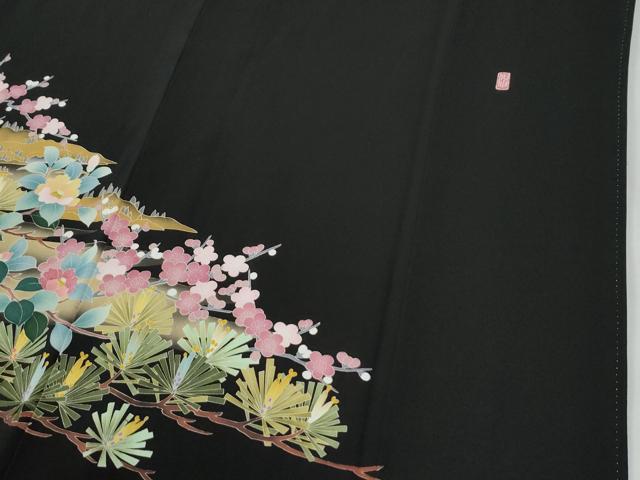 平和屋着物●豪華黒留袖　友禅　作家物　枝松葉風景花文　正絹　逸品　CABG0632yc
