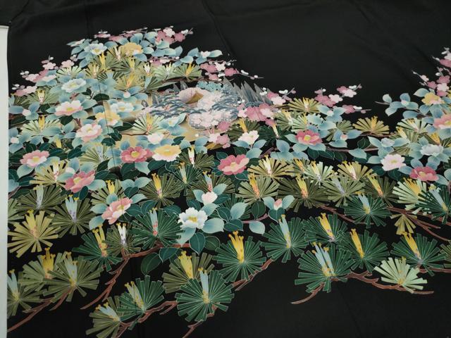平和屋着物●豪華黒留袖　友禅　作家物　枝松葉風景花文　正絹　逸品　CABG0632yc