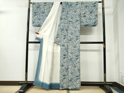 平和屋着物●上質な小紋　藍　型染め　竜田川松竹梅風景文　鬼しぼ縮緬　正絹　逸品　未使用　CABG0633yc
