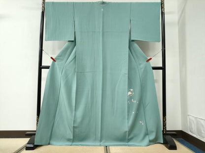 平和屋着物●上質な色無地　ワンポイント　枝花文　青磁色　ロング丈　正絹　逸品　CABG0635yc