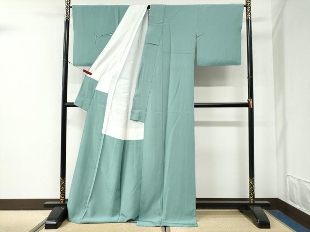 平和屋着物●上質な色無地　ワンポイント　枝花文　青磁色　ロング丈　正絹　逸品　CABG0635yc
