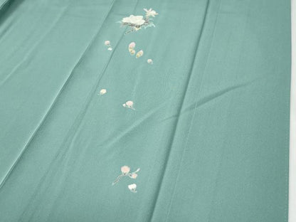 平和屋着物●上質な色無地　ワンポイント　枝花文　青磁色　ロング丈　正絹　逸品　CABG0635yc