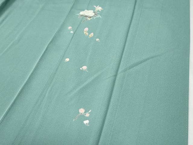 平和屋着物●上質な色無地　ワンポイント　枝花文　青磁色　ロング丈　正絹　逸品　CABG0635yc