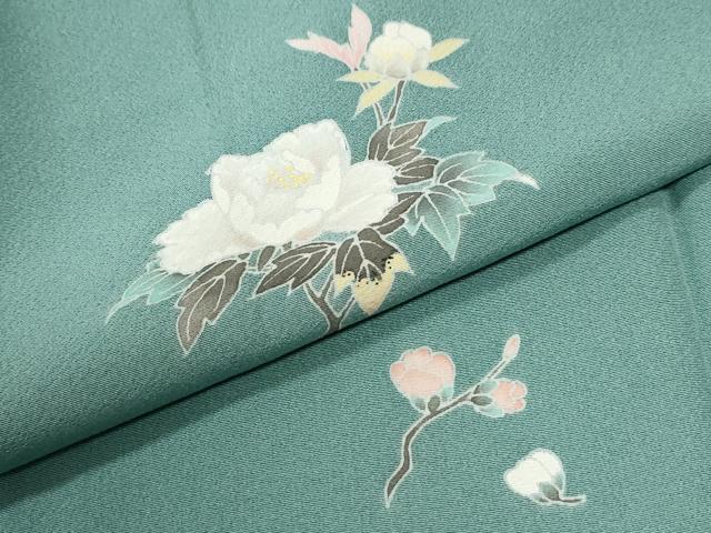 平和屋着物●上質な色無地　ワンポイント　枝花文　青磁色　ロング丈　正絹　逸品　CABG0635yc