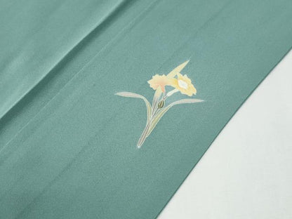 平和屋着物●上質な色無地　ワンポイント　枝花文　青磁色　ロング丈　正絹　逸品　CABG0635yc