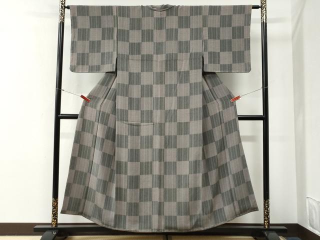 平和屋着物●上質な小紋　市松文様　縞　鬼しぼ縮緬　正絹　逸品　未使用　CABG0638yc