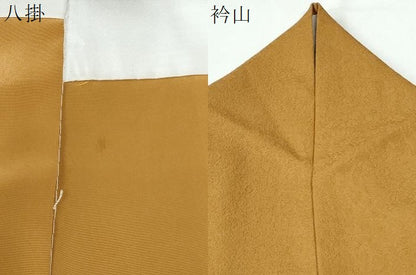 平和屋着物●色無地　茶道具地紋　山吹茶色　ロング丈　洗える着物　CABG0639yc