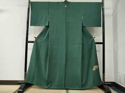 平和屋着物●螺鈿作家　甲斐泰造監修　色無地　更紗花唐草地紋　萌葱色　正絹　逸品　CABG0640yc