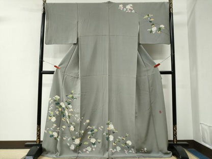 平和屋着物●京加賀糸目友禅作家　山崎巌　訪問着　枝花文　ロング丈　正絹　逸品　CABG0642yc