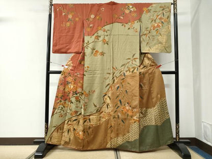 平和屋着物●訪問着　作家物　駒刺繍　流水地紙枝花文　金彩　正絹　逸品　CABG0648yc