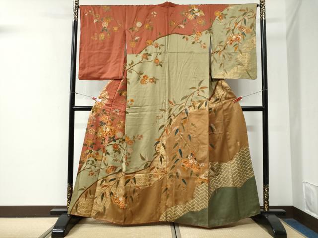 平和屋着物●訪問着　作家物　駒刺繍　流水地紙枝花文　金彩　正絹　逸品　CABG0648yc