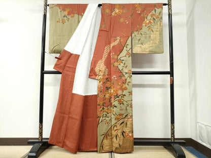 平和屋着物●訪問着　作家物　駒刺繍　流水地紙枝花文　金彩　正絹　逸品　CABG0648yc